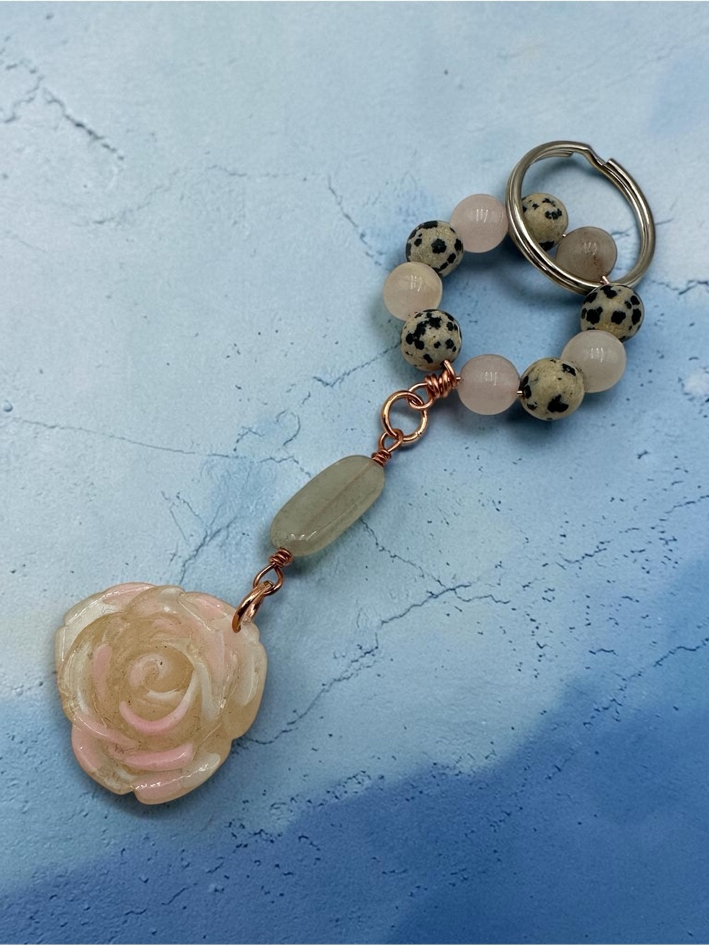 Handmade Pink Rose Flower Keychain with Beaded Stone Ring & Copper Wire